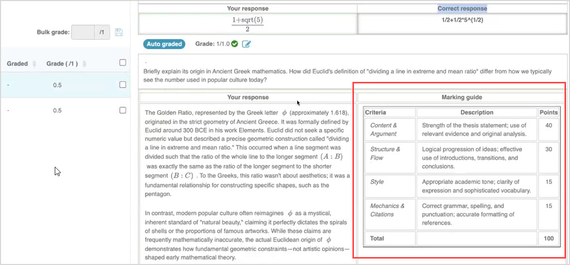 The Marking Guide for the question is on the right side of the student response.